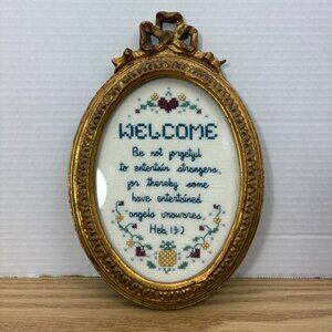 Needlepoint Bible Verse Hebrews 13:2, Vintage Hand Craft Hospitality of Angels